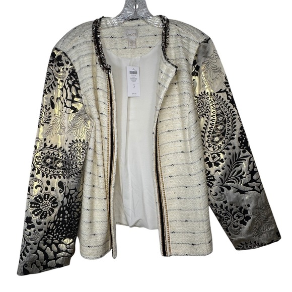 Chico's Jackets & Blazers - Chicos Versailles Sleeve Jacket 3 Womens XL Ecru Tweed Gold Metallic Paisley NWT